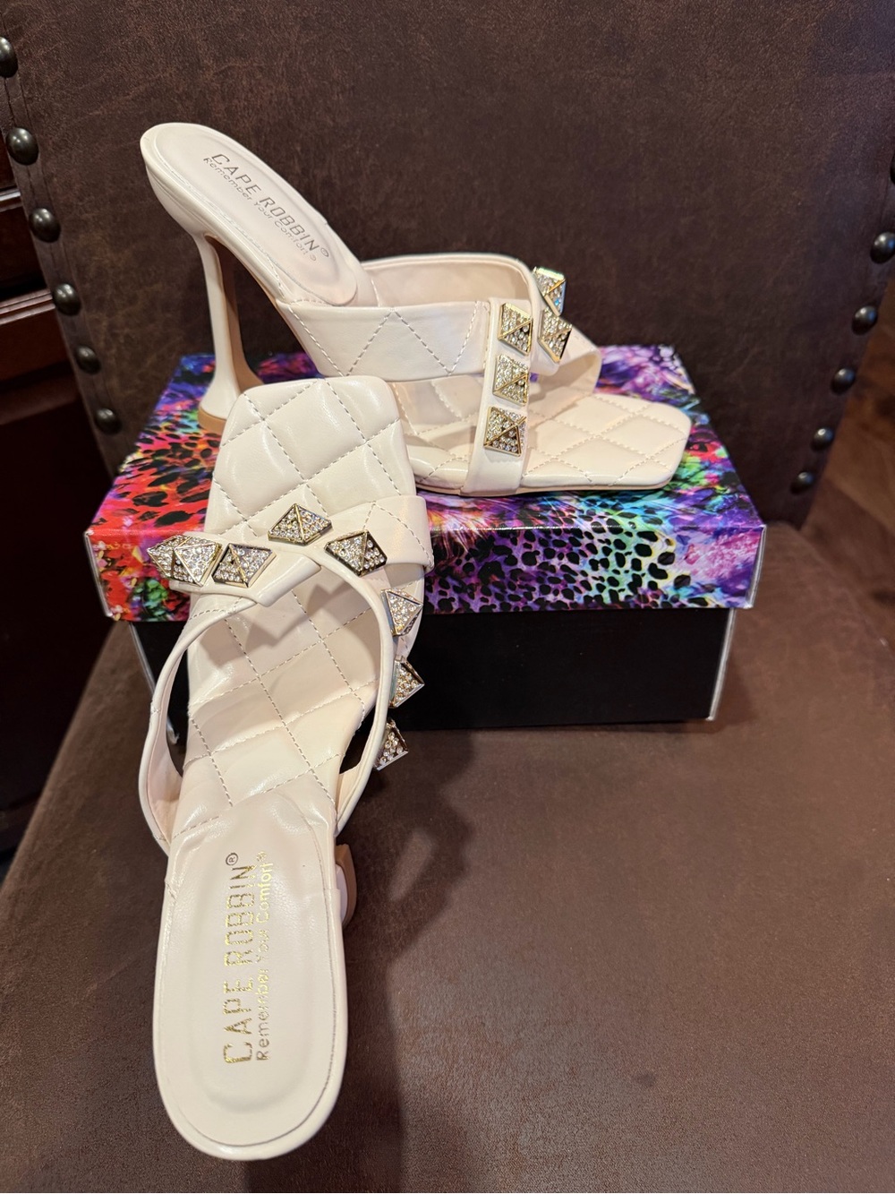Cape Robbin Ivory Quilted Rhinestone-Trim Slide Heels